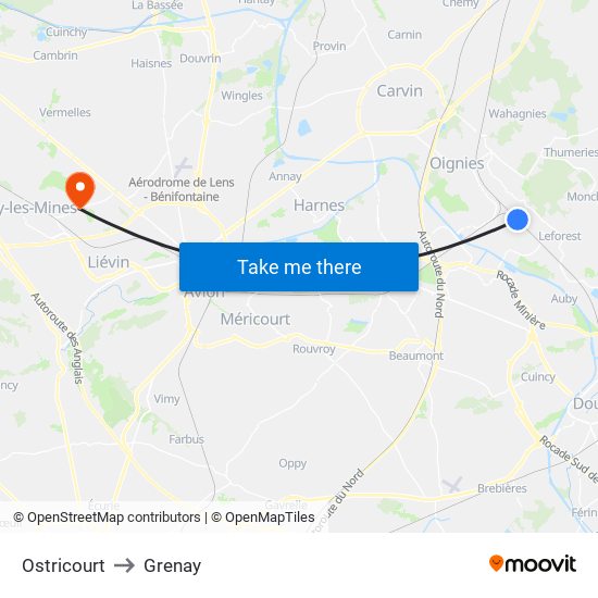 Ostricourt to Grenay map