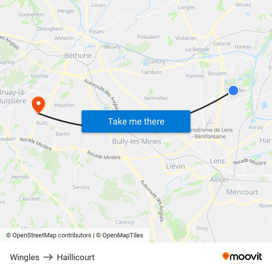 Wingles to Haillicourt map