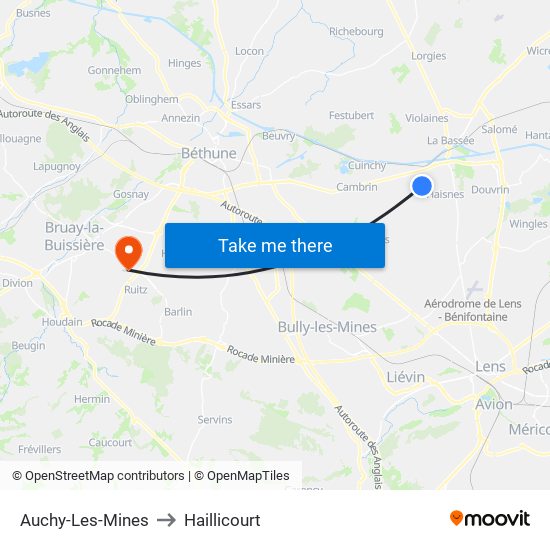 Auchy-Les-Mines to Haillicourt map