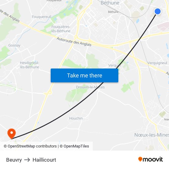 Beuvry to Haillicourt map