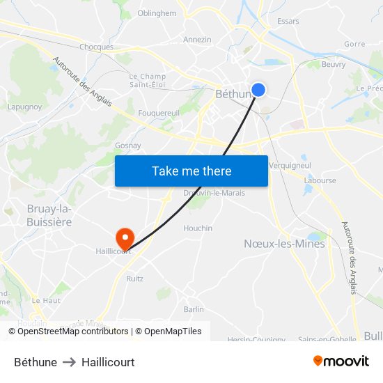 Béthune to Haillicourt map