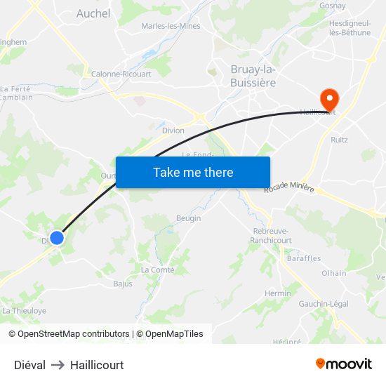 Diéval to Haillicourt map