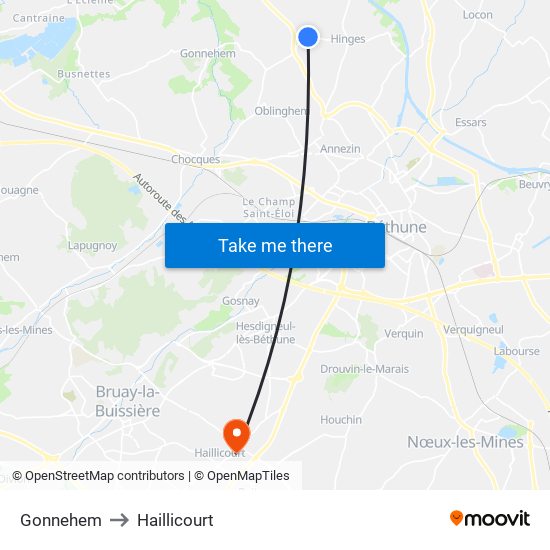 Gonnehem to Haillicourt map