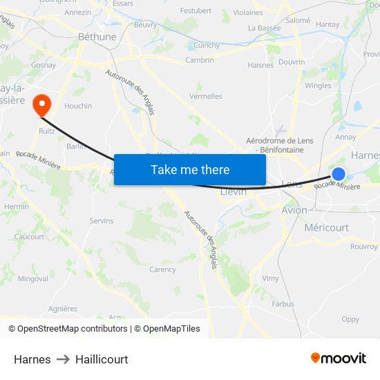 Harnes to Haillicourt map