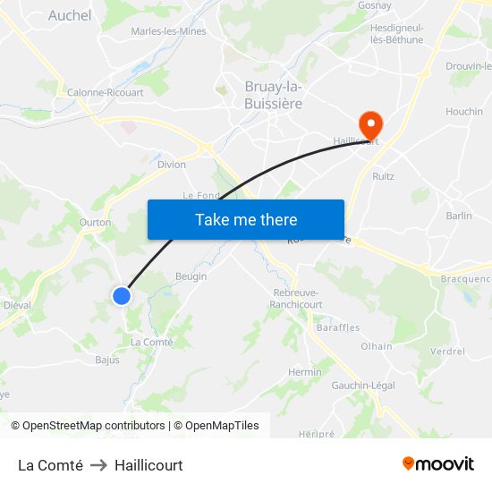 La Comté to Haillicourt map