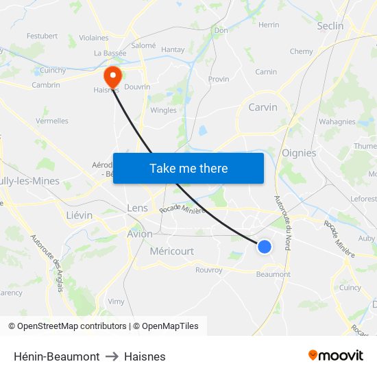 Hénin-Beaumont to Haisnes map
