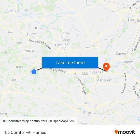 La Comté to Harnes map