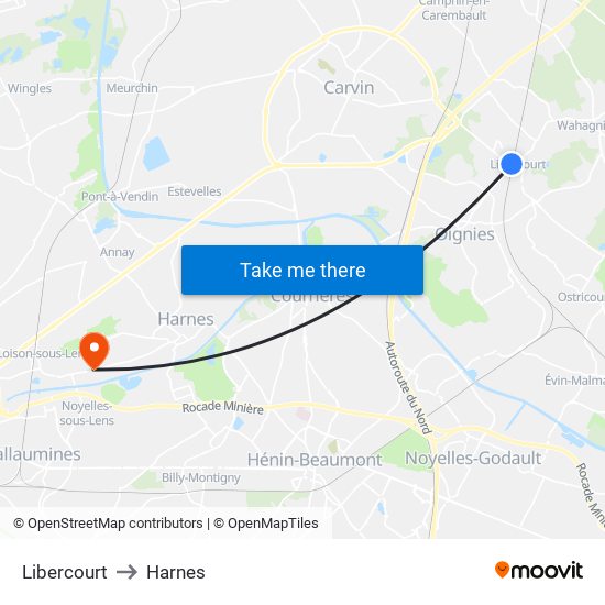 Libercourt to Harnes map