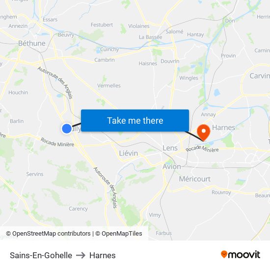 Sains-En-Gohelle to Harnes map