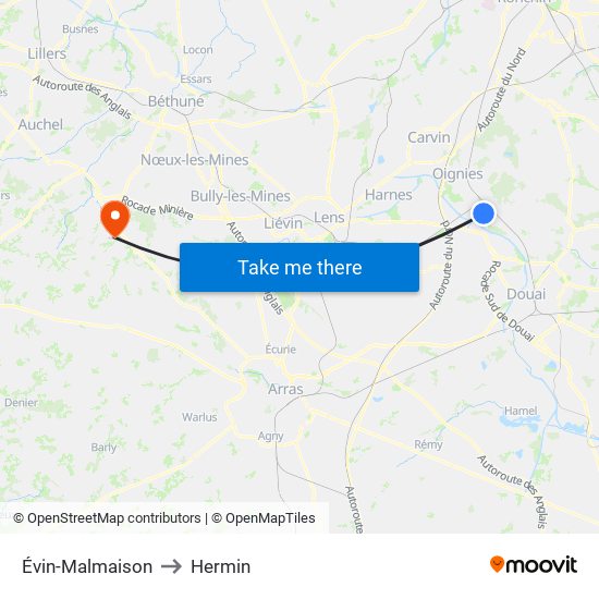 Évin-Malmaison to Hermin map