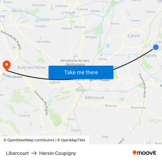 Libercourt to Hersin-Coupigny map