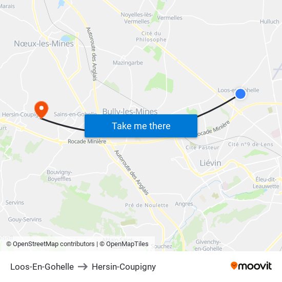 Loos-En-Gohelle to Hersin-Coupigny map