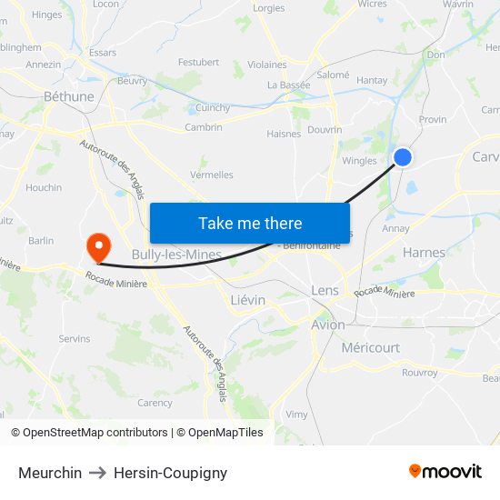 Meurchin to Hersin-Coupigny map