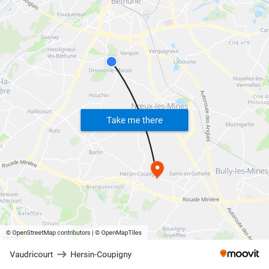 Vaudricourt to Hersin-Coupigny map