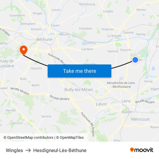 Wingles to Hesdigneul-Lès-Béthune map