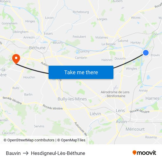 Bauvin to Hesdigneul-Lès-Béthune map
