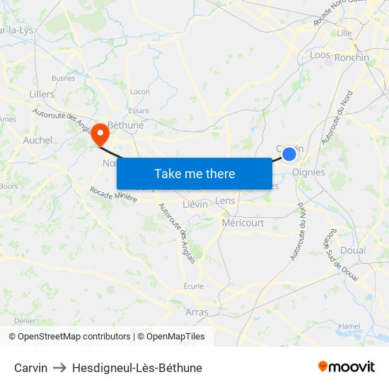 Carvin to Hesdigneul-Lès-Béthune map