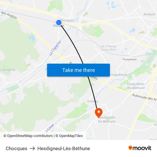 Chocques to Hesdigneul-Lès-Béthune map