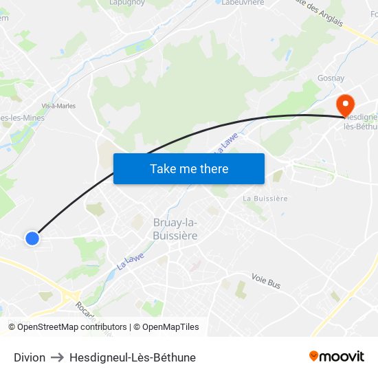 Divion to Hesdigneul-Lès-Béthune map