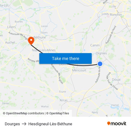 Dourges to Hesdigneul-Lès-Béthune map