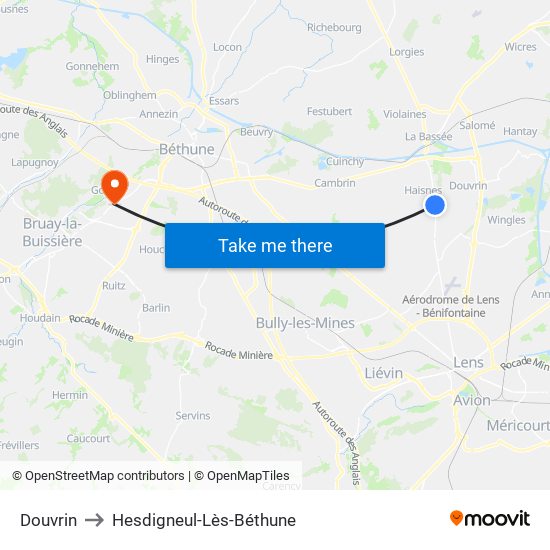 Douvrin to Hesdigneul-Lès-Béthune map