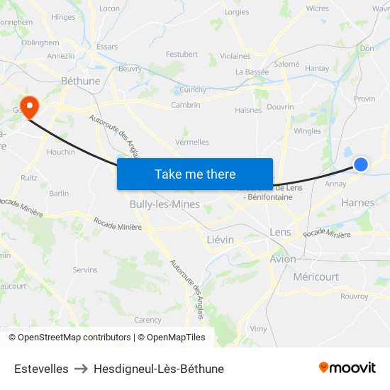 Estevelles to Hesdigneul-Lès-Béthune map