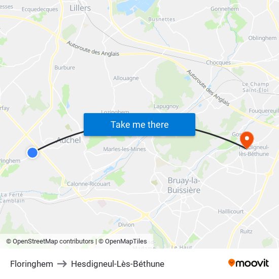 Floringhem to Hesdigneul-Lès-Béthune map