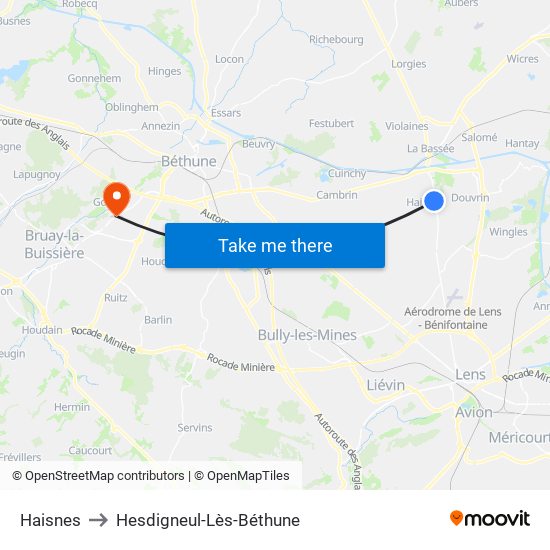 Haisnes to Hesdigneul-Lès-Béthune map