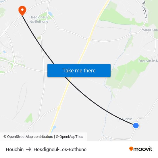 Houchin to Hesdigneul-Lès-Béthune map