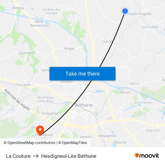 La Couture to Hesdigneul-Lès-Béthune map