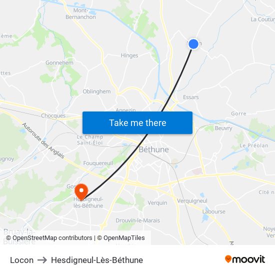 Locon to Hesdigneul-Lès-Béthune map