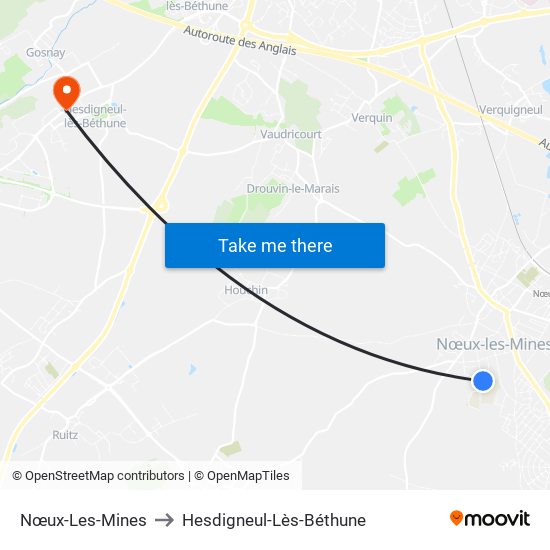 Nœux-Les-Mines to Hesdigneul-Lès-Béthune map