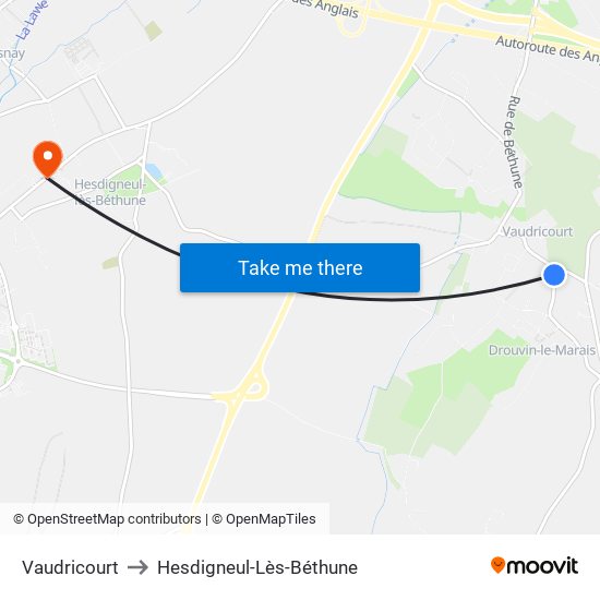 Vaudricourt to Hesdigneul-Lès-Béthune map