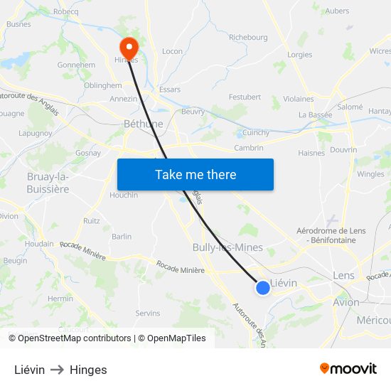Liévin to Hinges map