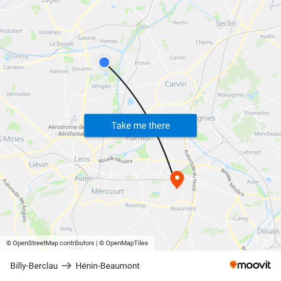 Billy-Berclau to Hénin-Beaumont map