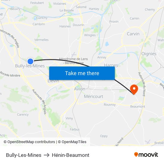 Bully-Les-Mines to Hénin-Beaumont map