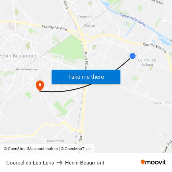 Courcelles-Lès-Lens to Hénin-Beaumont map
