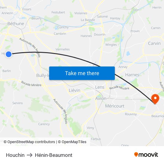 Houchin to Hénin-Beaumont map