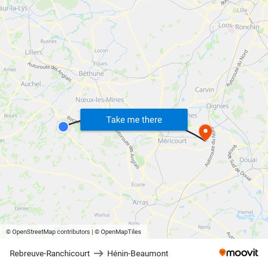 Rebreuve-Ranchicourt to Hénin-Beaumont map