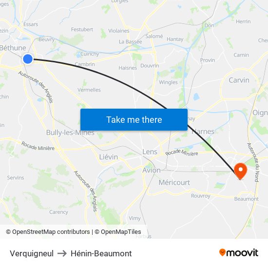 Verquigneul to Hénin-Beaumont map