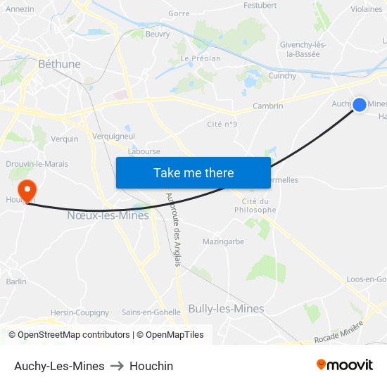 Auchy-Les-Mines to Houchin map