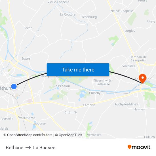 Béthune to La Bassée map