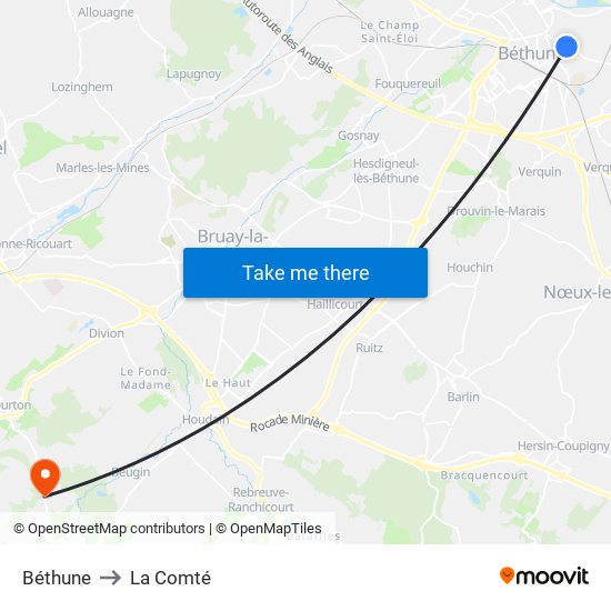 Béthune to La Comté map