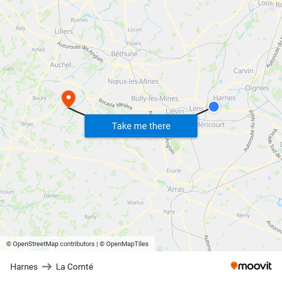 Harnes to La Comté map