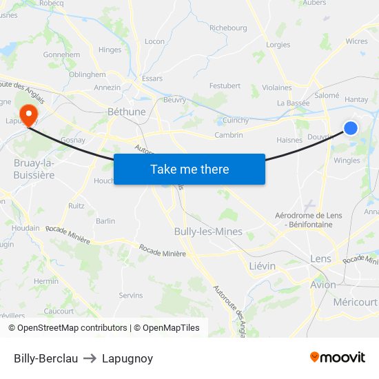 Billy-Berclau to Lapugnoy map