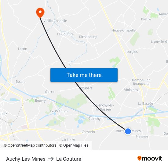 Auchy-Les-Mines to La Couture map