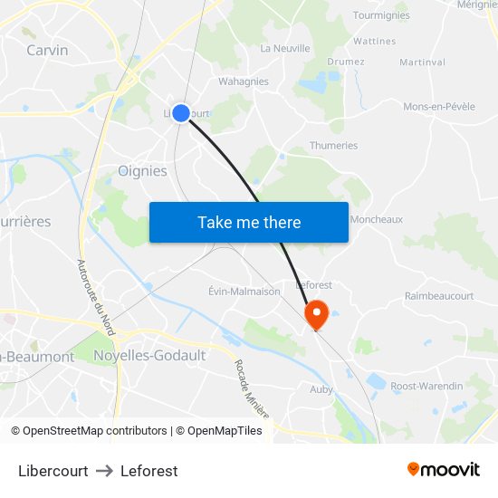 Libercourt to Leforest map