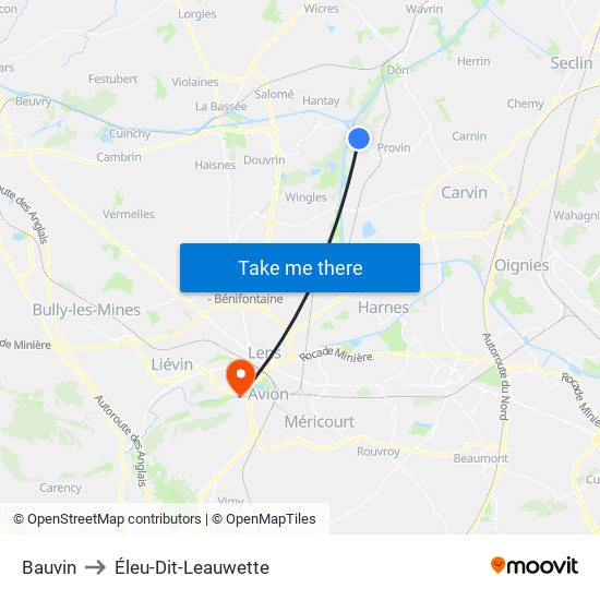 Bauvin to Éleu-Dit-Leauwette map