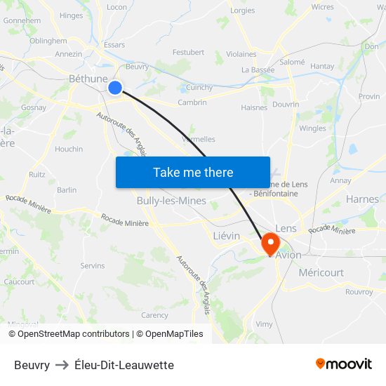 Beuvry to Éleu-Dit-Leauwette map
