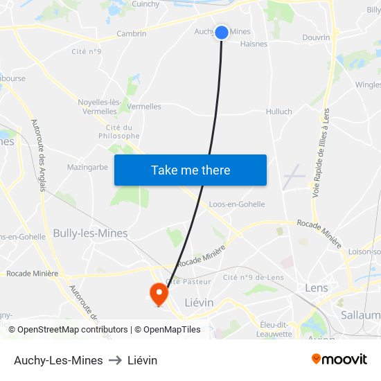 Auchy-Les-Mines to Liévin map